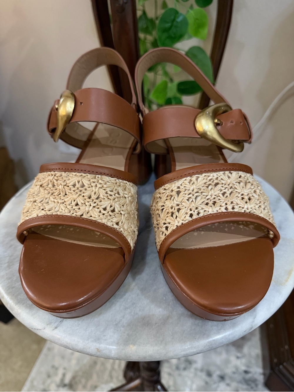 AEROSOLES Brown Leather and Natural Raffia Woven Sandals with Gold Buckle